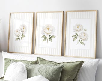Cream Beige Peony Prints, Striped Watercolor Floral Wall Art, Grandmillennial Decor, Neutral Bedroom Living Room, Set of 3, Digital Download