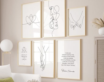 Ensemble de 6 tirages d'art au trait couple romantique, main dans la main croquis d'art mural, décoration de chambre à coucher minimaliste, anniversaire ou cadeau pour elle imprimable