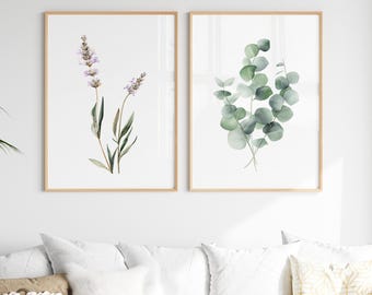 Eucalyptus and Lavender Watercolor Set of 2 Prints, Botanical Wall Art, Greenery Decor, Bathroom Kitchen Bedroom Artwork, Digital Download