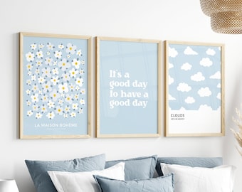 Set van 3, blauw It's a good day-poster. Deens pastelblauw slaapzaaldecor. Preppy wanddecoratie. Positieve quote print. Populair AFDRUKBAAR