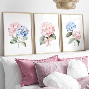 Pastel Blue and Pink Hydrangea Watercolor Set of 3 Prints, Botanical Wall Art, Pink Dorm decor, Baby Girl Cute Nursery floral PRINTABLE Art