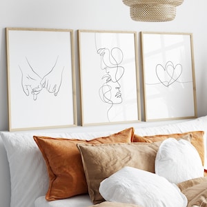 Conjunto de 3, arte de pared romántico. Arte de pareja. Arte lineal. Impresión de manos tomadas. Impresión de dibujo lineal. Póster lineal. Manos de pareja. Boceto lineal imprimible