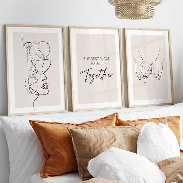 Romantic wall art set. Holding hands. Couple art. prints. One Line art. Line drawing prints. Over the bed Set Of 3. Printable wall art