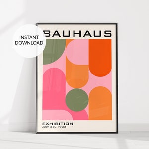 Affiche Bauhaus. Ensemble d'art mural moderne du milieu du siècle. Décoration rose pour dortoir. Abstrait orange rouge et rose. Affiche rétro. TÉLÉCHARGEMENT NUMÉRIQUE