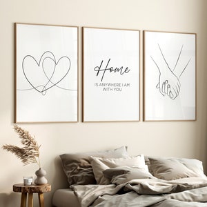 Romantische lijntekening kunst aan de muur Set van 3 prints, hand in hand print Cadeau voor haar Valentijnsdag Hand in hand Huwelijksverjaardag AFDRUKBAAR