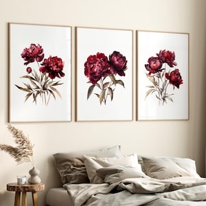 Aquarell Burgunder Pfingstrosen 3er-Set Drucke dunkelrotes Blumenposter Hamptons Style Wandkunst Botanisches Schlafzimmerdekor Digitaler Download