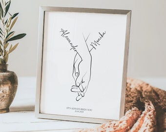 Personalisierter Namensdruck, personalisiertes Valentinstagsgeschenk, Händchen haltende Strichzeichnungen. Paar Hände Kunst Hochzeitstag DRUCKBARE Strichzeichnungskunst