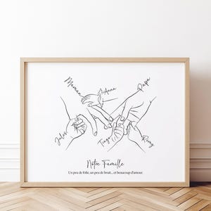 6人家族の手をつなぐ線画、両親と4人の子供のパーソナライズされたプリント、クリスマスや母の日のギフト、天使の赤ちゃんの印刷可能なアート