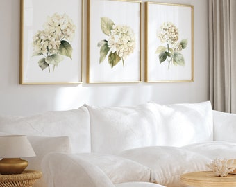 Watercolor Beige Hydrangea Set of 3 prints Botanical Flowers Abstract Wall decor, Hamptons style Rustic Modern Bedroom Living Room PRINTABLE