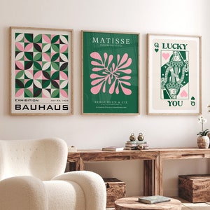 Set of 3 wall art set. Matisse poster. Bauhaus poster. Pink, green wall art. Popular PRINTABLES Colorful wall art. Trendy poster set.