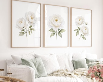 White Beige Peony Prints, Floral Watercolor Wall Art, Peonies flowers French Country Decor, Bedroom Artwork, Set of 3, Digital Download