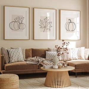 Ensemble de 3 oeuvres d'art imprimables minimalistes d'automne, impressions de citrouilles et de feuilles d'automne, oeuvre d'art murale saisonnière neutre, décoration d'automne moderne à imprimer pour le salon