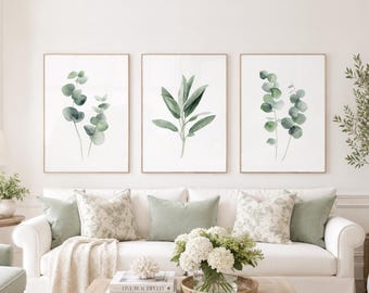 Eucalyptus Sage Watercolor Prints, Botanical Wall Art, Minimalist Home Decor (Set 3, Digital Download)