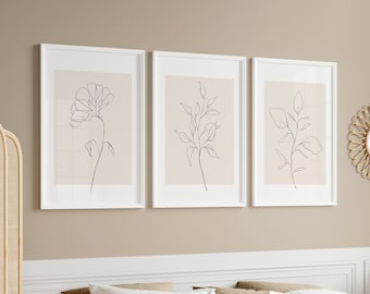 Botanical Line Art Print Set: Beige Minimalist Decor (Digital Download)