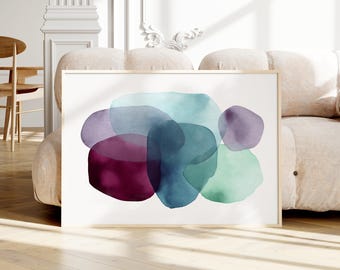 Abstract Watercolor Print, Burgundy Blue Teal Wall Art, Modern Minimalist Decor (Digital Download)