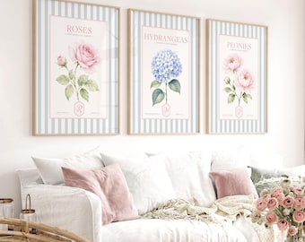 Floral Wall Art Set of 3, Blue Hydrangea and Pink Rose Watercolor Prints, Grandmillennial Decor, Dorm room Art, Preppy Digital Download