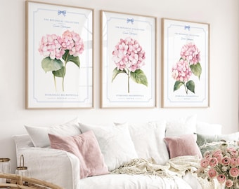 Pink & Blue Hydrangea Prints, Watercolor Floral Wall Art, Grandmillennial Hamptons Decor, Preppy Bedroom Living Room, Set of 3, PRINTABLE