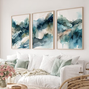 Emerald Green Navy Blue Watercolor Abstract Wall Art Set of 3, Printable Minimalist Prints Modern Bedroom Living Room PRINTABLE Green Decor