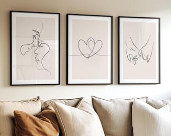 Set of 3 Line Art Prints, Minimalist Couple Wall Art, Romantic Holding Hands Poster, Black and Beige Sketch, Modern Bedroom Printable Decor