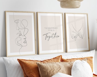 Romantic wall art set. Holding hands. Couple art. prints. One Line art. Line drawing prints. Over the bed Set Of 3. Printable wall art