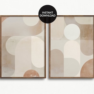 Conjunto de 2 cuadros de pared minimalistas, sencillos y abstractos en tonos beige neutros. Póster de galería en gris crema y negro. Decoración de habitación contemporánea para imprimir