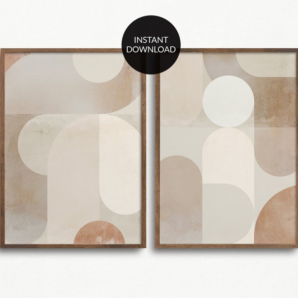 Set of 2 Neutral beige tones abstract modern simple minimalist wall art. Creme grey black gallery poster. Contemporary room decor Printable