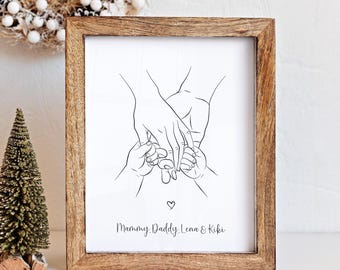 Custom Family Hands Print, Family of 4 Line Art, Personalized Baby Shower Gift, New Parents Art, Printable Mother’s Day Christmas Gift Decor