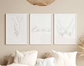 Holding Hands Line Art Set of 2 Prints, Romantic Couple Wall Art, Minimalist Bedroom Printable Decor, Love Poster Download