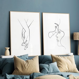 Linie Zeichnung Druck Romantische Wand Kunst 2er-Set, Paar Geschenk für sie Valentinstag Händchen haltend Druck, Linie Skizze Poster DRUCKBAR