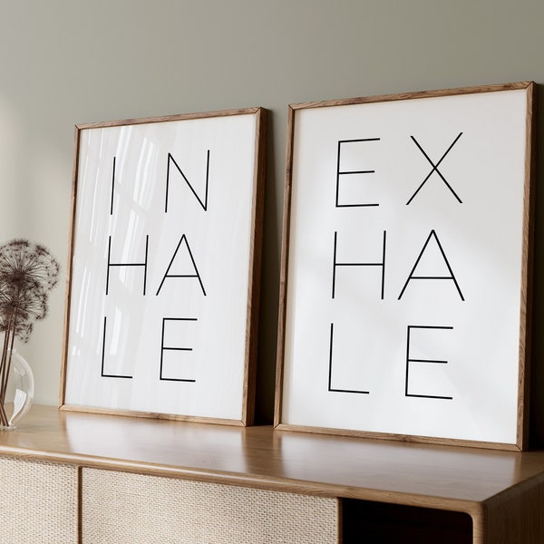 Set of 2, Inhale Exhale print set. Minimalist wall art. Poster print. Typography wall art. Digital Prints. Yoga wall art. Modern home decor