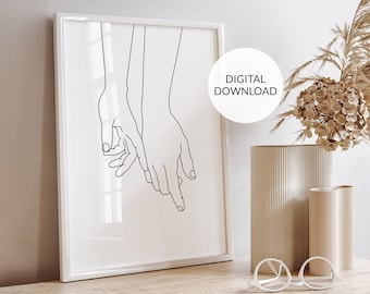 Line drawing print, Line art sketch, Hands line art, love wall art, Touching hands art, Couple hands print, Romantic bedroom art, Printable