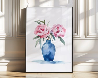 Pink Peonies Watercolor Print: Blue Vase Floral Art (Printable)