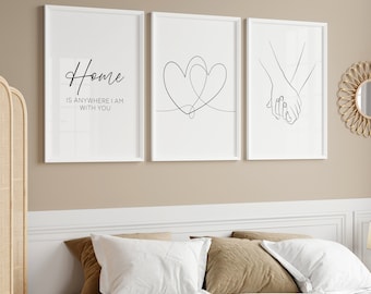 Romantische lijntekening kunst aan de muur Set van 3 prints, hand in hand print Cadeau voor haar Valentijnsdag Hand in hand Huwelijksverjaardag AFDRUKBAAR