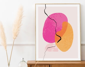 Abstract line art, Pink and Orange Fine Art Print, Living room wall art, Bright abstract art, Colorful Modern print, Home decor, Printable