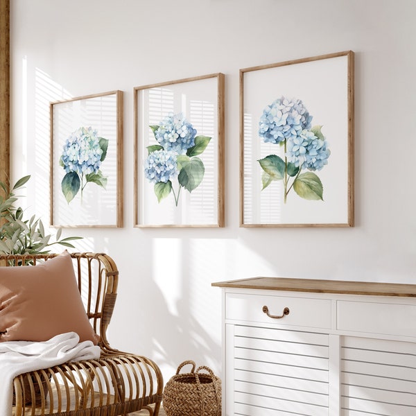 Blue Hydrangea Set of 3 Watercolor prints Botanical Flowers Abstract Wall decor, Hamptons style Rustic Modern Bedroom Living Room PRINTABLE