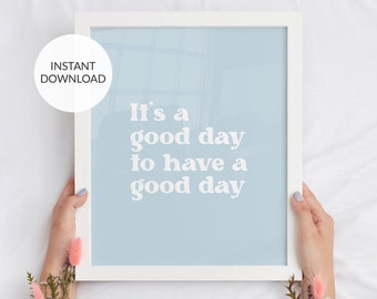 Póster azul cielo de "buenos días". Póster danés de decoración de habitaciones en tonos pastel. Arte mural con frase positiva. Decoración para dormitorio en azul pastel. Imprimible popular.