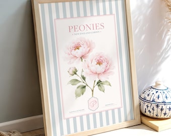 Pink Peony Print, Striped Watercolor Floral Wall Art, Grandmillennial French Country Decor, Preppy Bedroom Artwork, Digital Download