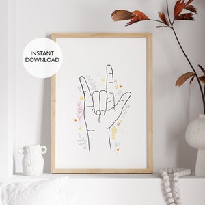Sztuka dłoni I Love You. Grafika liniowa. Wydruk znaku miłości w języku migowym. POBIERANIE CYFROWE. Sztuka linii dłoni. Wydrukowana sztuka ścienna. Wydruk rysunku liniowego. Plakat ze sztuką liniową