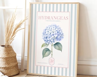 Blue Hydrangea Wall Art, Striped Watercolor Floral Print, Grandmillennial Decor, French Country Bedroom Art, Preppy Floral Digital Download