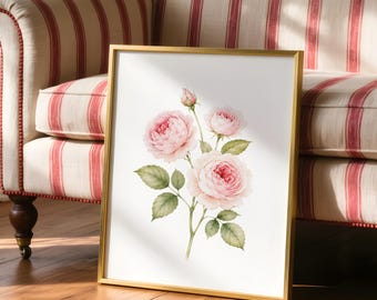Blush Pink Rose Watercolor Print, Botanical Wall Art, Hamptons Style Decor (Digital Download)