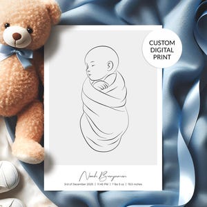 Póster de nacimiento de bebé personalizado, arte lineal, regalo de arte mural personalizado para recién nacidos, estadísticas del bebé imprimibles, decoración minimalista para habitación infantil, arte digital imprimible