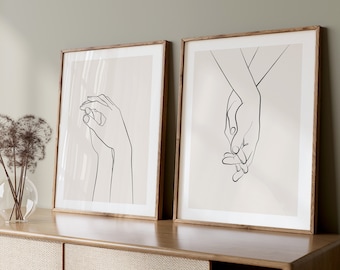 2個セット、手を繋ぐプリント、ロマンチックなギフト、線画、線画プリント、線画ポスター、カップルの手のプリント、線画スケッチ、印刷可能な壁アート