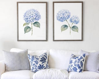 Blue Hydrangea Watercolor Prints, Botanical Wall Art, Hamptons Style (Set of 2, Digital Download)