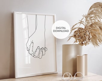 Grafika liniowa „Holding Hands”: minimalistyczny szkic pary (pobranie cyfrowe)