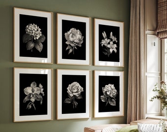Dark Print Watercolor Black and white Botanical Illustration posters set of 6,  Hydrangea, Rose, Peony Vintage Moody flower decorPRINTABLE