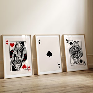 Set di 3, Arte murale alla moda. Set di poster retrò. Regina di cuori. Poster di carte nere. Poster di carte Asso. Set da parete di carte da gioco. Stampabile popolare