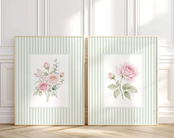 Impressions de roses roses, aquarelle botanique, décoration murale, style campagne française, art cottagecore pour chambre ou salon, lot de 2, téléchargement numérique