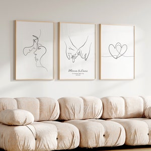 Set Of 3, Custom names art. Line drawing print. Romantic gift. Couple art. Line art. Holding hands print. Line poster. Printable wall art