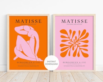 Set of 2, Matisse wall set. Matisse poster. Pink orange art. Pink Matisse poster. Exhibition poster. Pink dorm decor. Popular printables.