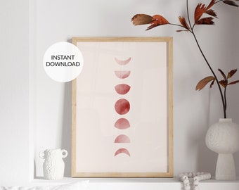 Crescent moon art print. Pink boho decor. Moon phases print. Watercolor moon phases poster. Moon poster. Pink wall art. PRINTABLE art